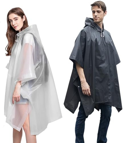 Keratobleem Poncho Antipioggia Riutilizzabile,2 Pezzi Mantelli Impermeabile EVA con Cappuccio,Asciugatura Rapida Mantella Pioggia Donna & Uomo,per Trekking, Campeggio, Escursioni, Viaggi-Nero&Bianco
