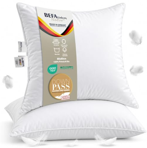 BEFA NATUR Cuscino in puro piumino 40x40 cm (2 pezzi) | Cuscino a 3 camere | 90% piumino & 10% piuma | Peso di riempimento 350 g ciascuno | Per allergici (NOMITE) | Benessere animale (DOWNPASS) |