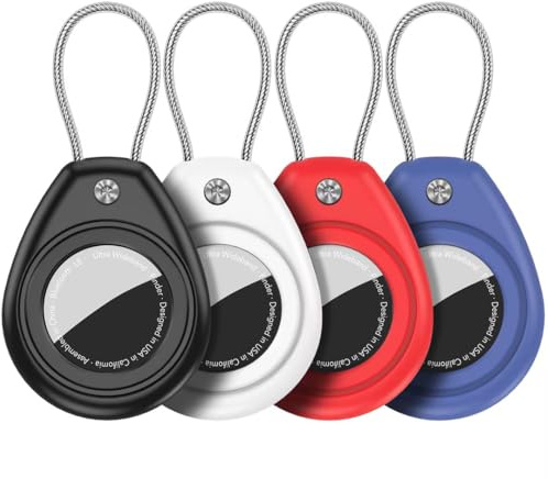Aimtel 4 Pièce Étui AirTag Compatible avec Le Apple AirTag, Etanche IPX8 Porte Clef Air Tag avec Câble Métallique, Support Air Tag pour Les Clés, Les Animaux, Les Sacs et Autres Objets de Valeur