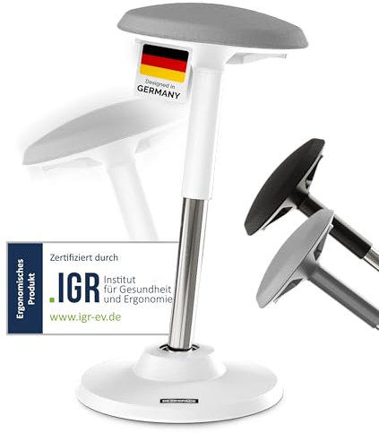 DESKSPACE Motion Ergonomischer Sitz- und Stehhhocker - Höhenverstellbarer Bürohocker mit extra breiter Basis und Sitzfläche, Stehstuhl, der Rücken- und Nackenschmerzen (Weiße)