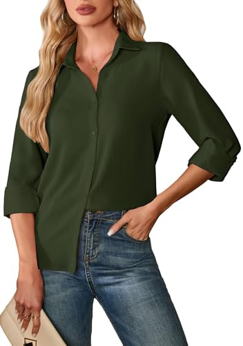 FaerieFlair Summer Blouse 3/4 Sleeve Tops for Women UK Chiffon V-Neck Button Up Shirts Casual Non Iron Tops Tunic Clothes Outfits Army Green XXL 22-24