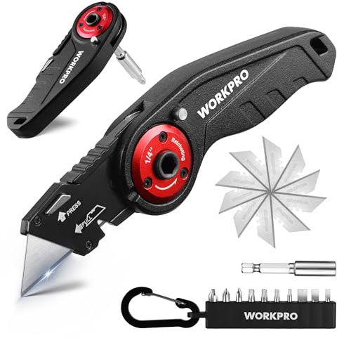 WORKPRO Folding Utility Knife, 2-in-1 Multitool Knife with Ratcheting Screwdriver, Box Cutter Quick Blade Change, EDC Heavy Duty Work Knife with Extra 10 Bit Sets and SK5 Blades