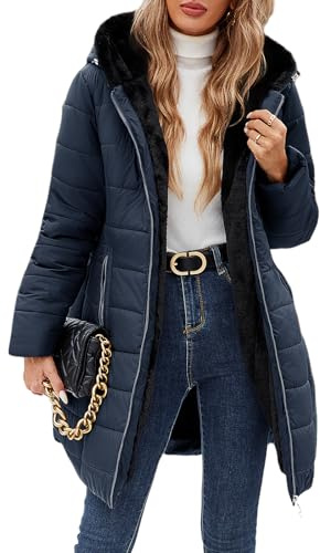 CMTOP Manteau Femme Hiver Veste Polaire Chaud Manteaux Outercoat en Longue et Slim Fit Parka Femme Chaude Imperméable Blouson Chic et Elegant Sweats à Capuche avec Zippé et Poches(Marine,M)