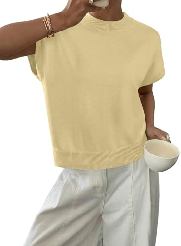 BLENCOT Womens Short Sleeve Sweaters Spring Summer 2026 Ribbed Round Neck Pullover Cap Sleeve Knit Sweater Vest Top Yellow XL