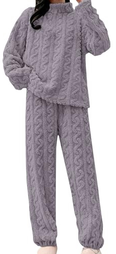 Ensemble de pyjama en polaire pour femme - Ensemble de pyjama à manches longues pour femme - Automne - Ensemble de pyjama chaud en flanelle 2 pièces - Pyjama d'hiver en peluche - Vêtement de détente