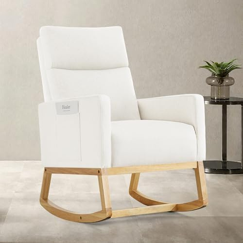 Aunekiv Mecedora para Lactancia, Silla Mecedora Relax Tapizada,Respaldo Alto,de Lino,para Adultos,con Bolsillos Laterales y Base de Madera para Sala de Estar, Dormitorio Color Marfil