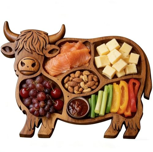 Fyrdyn Highland Cute Cow Wooden Charcuterie Board | Appetizer Board | Wooden Cows Food Platter | for Snack Fruit Meat Cheese Home Party Banquet Family Gathering Dining Table