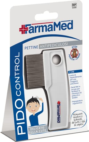 FARMAMED PidoControl Pettine Antipediculosi, con Lente di Ingrandimento, Denti Fitti in Acciaio, Impugnatura Ergonomica, Prevenzione Pidocchi e Lendini