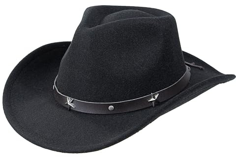 Western-Cowboyhüte für Damen, Nieten, geklemmte Cowgirl-Hüte, breite Krempe, Fedoras, blackstar, Medium