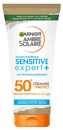 GARNIER Ambre Solaire Sensitive Expert+ - Lait Solaire FPS 50+ - Protège des UVA, UVB, & UVA Longs - Texture Légère - Résiste à L'eau - Céramides - Tous Types de Peaux - 175 ml
