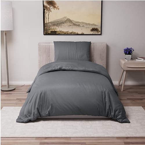 Dreamzie - Bettwäsche Set 140x200 cm mit 1 Kissenbezügen 65x65 cm Dunkelgrau - Bettbezug 140x200 Einzelbett aus 100% Mikrofaser - Zertifiziert ohne Chemikalien (Oeko TEX)