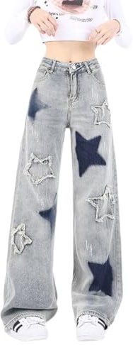 Lafaguw Cute Jeans for Women Girls Star Patchwork Pants High Waisted Straight Leg Jean Casual Preppy Clothe(Light Blue1-M)