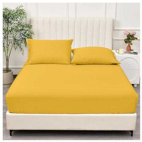 APEX FURNISHINGS Double Fitted Sheet Ochre, (137 x 190 cm) 12 inch deep pocket 90GSM Soft Brushed Microfiber bedding, Wrinkle-Free, Easy Care 30cm Deep Fitted Bed Sheet.