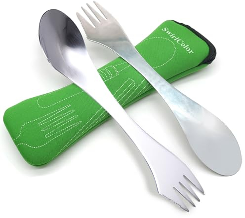 SwirlColor Göffel Edelstahl Gabel und Löffel 3 in1 Campingbesteck Leichtes Besteck Dual-Use 2 Stück