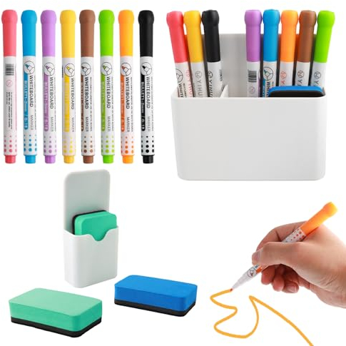 14 Stück Whiteboard Marker Set, 8 Whiteboard Stifte Abwischbar für Kinder und Lehrer, 2 Plastik Stifthalter Magnetisch, 4 EVA Whiteboard Schwamm Magnetisch für Schulen Wohnungen Büros