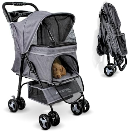 Mobiclinic® pets, Carrito para perros plegable, Ideal pequeños y senior, Zuma, Hasta 15 kg, Ruedas con frenos 360º, Cesta xxl, 3 ventanas cremallera mosquitera, Portavasos, Gris