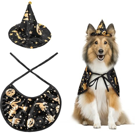 Costume di Halloween per animali domestici, costume di Halloween per cani, mantello con cappello da strega regolabile, per cani di taglia piccola e media, gatti, abiti per Halloween e Natale (oro, S)