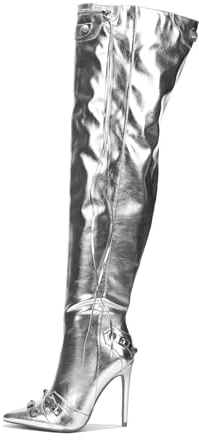 Cape Robbin Women‘s Thigh High Boots Pointy Toe - 3.5 Inch Heel Metallic PU Leather Boots with Stud & Buckle Trim, Dangling Lace Zipper (Pofin-2) - Silver 11