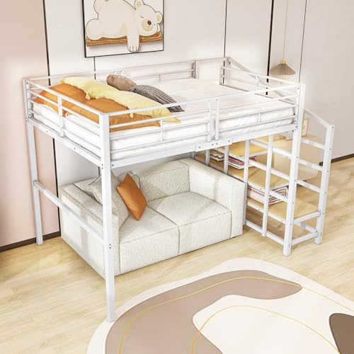 YESGIGA Cama alta de 140 x 200 cm, estructura de metal estable con amplio espacio de almacenamiento debajo de la cama y escalera, ideal para niños y adultos, color blanco