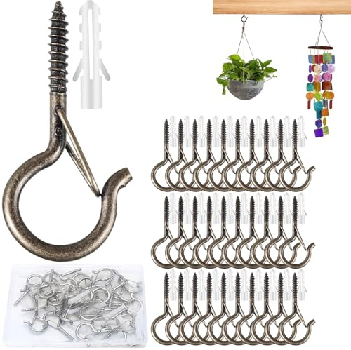 AGOISET 30 piezas alcayatas roscadas, ganchos de techo Con hebilla de seguridad, para colgar objetos, plantas, pajareras, campanillas de viento y luces de hadas para exteriores (Bronce)