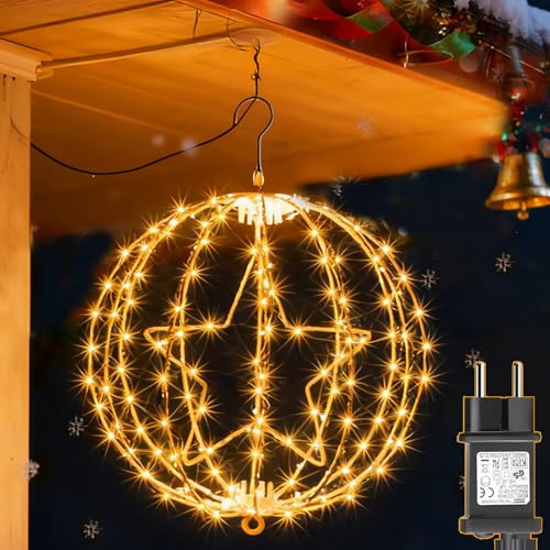 Yowin Weihnachtsbeleuchtung Außen 30CM 200 LED Leuchtkugel Weihnachten mit Stecker, Timer, Hängen Beleuchtete Weihnachtskugeln 8 Modi wasserdichte Metall Lichterkugel für Innen Deko - Brauner Rahmen