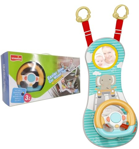 Porgeel Rear Facing Car Seat Toys, 360° Rotation Baby Steering Wheel Toy with Mirror, Music, Lights and Driving Sounds, 12 Months+ Kids Steering Wheel for Car Backseat