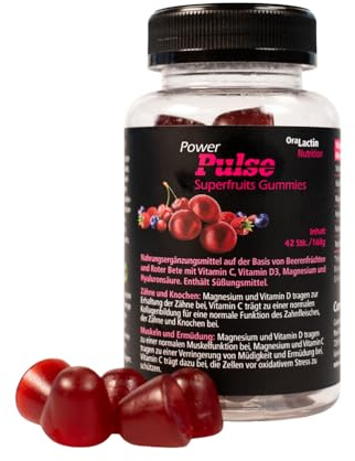 Power Pulse Superfruits Gummies - zuckerfreie Gummibärchen mit Fruchtextrakten, Rote Bete, Vitamin C, Vitamin D3, Magnesium & Hyaluronsäure, für Zähne, Knochen, Muskelfunktion & Immunsystem, vegan