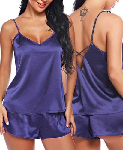 RSLOVE Kvinnor V-hals satin underkläder pyjamas set sexig kami och shorts set nattkläder, Iris, L