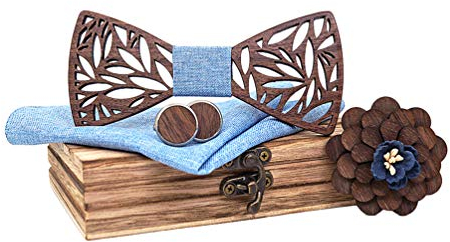 HZQIFEI Noeud Papillon Bois Sculpté avec Broche en Bois à Fleurs + Mouchoir + Boutons de manchette en Bois pour Cadeau, Réception, Mariage (Style#5)