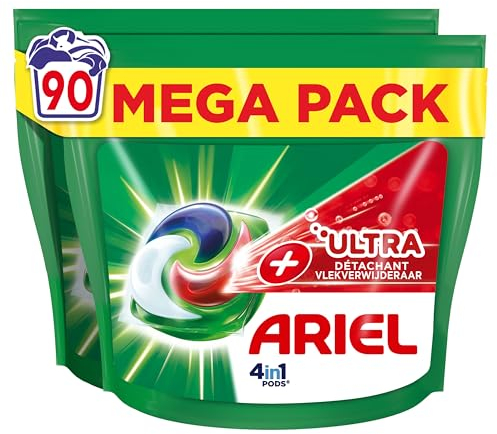 Ariel 4in1 PODS, Lessive Liquide en Capsules 90 Lavages, Technologie Ultra Détachant, Élimine Les Taches Incrustées À Basse Température, Même Après 7 Jours, Fabriqué en France