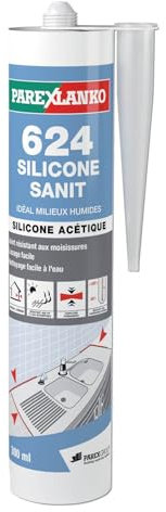 PAREXLANKO - Mastic silicone sanitaire - 624 Silicone Sanit Blanc - Spécial joints pièces d'eau - Anti-moisissures - Multi-supports - Pour salles de bains et cusines - 300ml