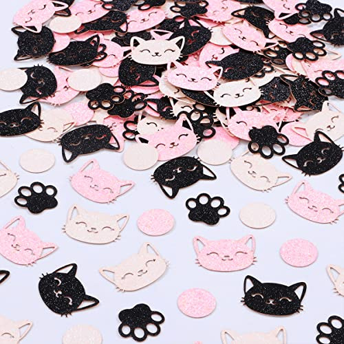 Sursurprise Confezione da 200 coriandoli a forma di zampa di gatto, colore rosa, nero e bianco, glitterati, da spargere sulla tavola, decorazioni per feste a tema gatto