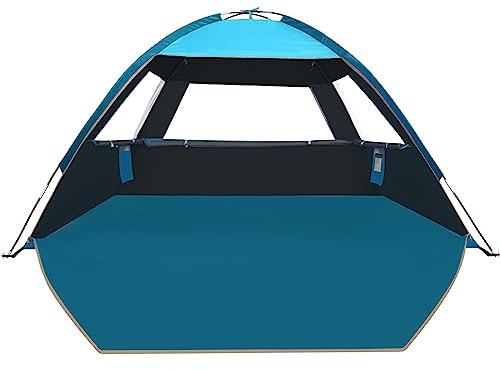 COMMOUDS Strandmuschelnz für 3-4 Personen, UPF 50+ Strand-Sonnenschutzzelt mit Dunkler Überdachung, Strand-Sonnenschirm Leicht, Einfach Aufzubauen Und Zu Tragen Strandzelt