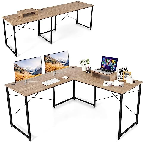 GIANTEX Escritorio Esquinero en Forma de L, Mesa de Ordenador Reversible con Soporte para Monitor, 2 Combinaciones (Natural)