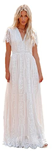 Pulcykp Robe longue bohème avec col en V profond et dentelle ajourée pour femme