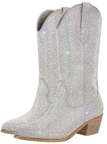 blingqueen Bottes de cowboy à paillettes bottes à talon western, argenté, 44 EU