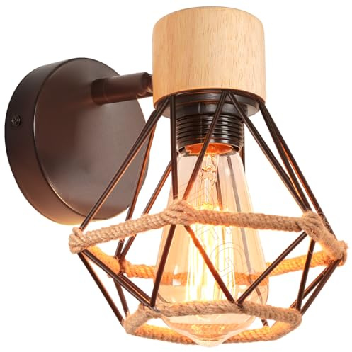 iDEGU Lámpara de Pared Vintage 16CM Aplique Pared Interior de Madera Metal Industrial Diseño Jaula con Cuerda de Cáñamo Ajustable Iluminación E27 Negro Luz para Salón Dormitorio Pasillo Cocina