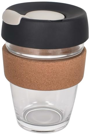 Zimoer Taza de café de cristal templado reutilizable con tapa a prueba de salpicaduras y banda de corcho, taza de viaje con tapa a prueba de fugas, para la oficina de viaje