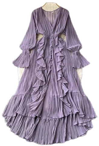 Langer Strandresort-Chiffonrock für Damen mit gerüschtem Spitzen-V-Ausschnitt, plissierter Taille, machendem und weitem Swing-Kleid – Lila – Einheitsgröße