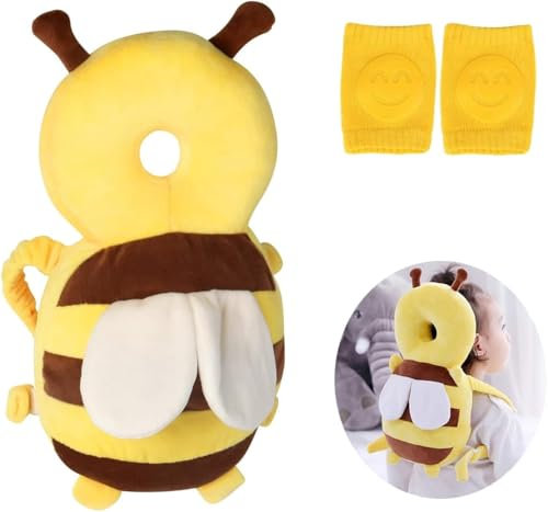 Baby Kopfschutz,Atmungsaktive Baby Head Schutzpolster,mit Knieschonern,Baby Kopfschutz Kissen und Baby Knieschützer,Ideal für Kinder, die krabbeln und laufen lernen, bienenförmig (Yellow)