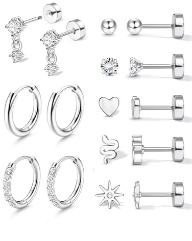Adramata 8 Pares Pendientes Acero Inoxidable Mujer Piercing Oreja Oro 18K Aros Plata Hipoalergénico para Cartílago Hombre