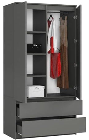 BDW Kleiderschränk 2 Türen, 4 Einlegeböden, Kleiderständer, 2 Schubladen, Mehrzweckschrank, Schubladenschrank, Garderobenschrank für Schlafzimmer, Wohnräume, 180x90x51cm, Grau
