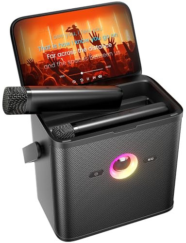 Ikarao Máquina de karaoke para adultos y niños, con pantalla de visualización de letras, conexión WiFi a YouTube y aplicación de karaoke, 2 micrófonos inalámbricos EQ Autotune sistema PA portátil para