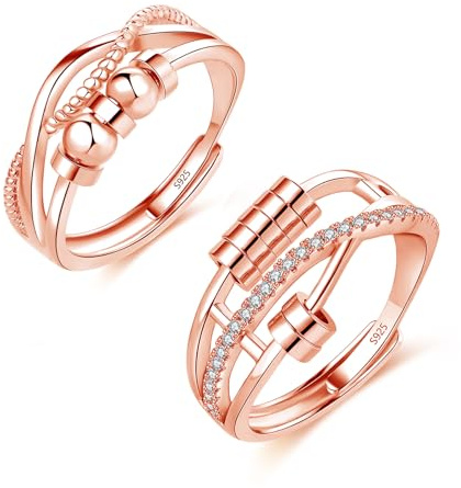 Glintara Ångestring, silver 925, 2 st 925 sterlingsilver antistress-ringset, öppen justerbar fidgetring, partnerringar, par ringar mot ångest, stämningsring med pärlor för kvinnor unisex