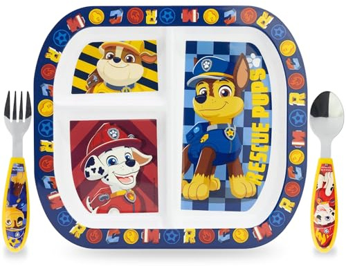 Sorrisini Set di Stoviglie Riutilizzabile Paw, Set Piatti Divisi 3 Pezzi, stoviglie bambini con Piatto, Posate in Acciaio Inox, Piatti in Plastica Adatti per Microonde