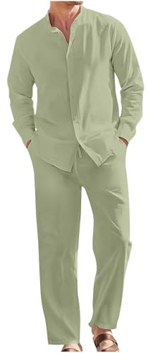 HAOLEI Conjunto Lino Hombre,Algodón y Lino Conjunto Verano Hombre de Dos Piezas Camisas Manga Larga y Pantalones Largo Camisas Hawaianas de Playa con Botones Ligero y Transpirable Trajes de Ocio