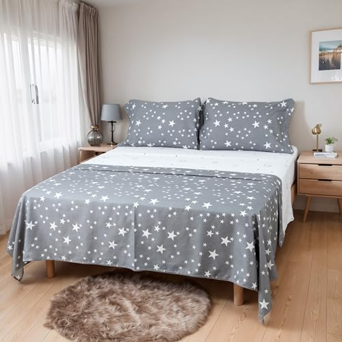 Etrexonline Juego de Sábanas 4 Piezas Cama 150 cm - Microfibra Ultra Suave Incluye 1 Bajera Ajustable 150x200+30 cm, 1 Encimera 230x270 cm, y 2 Fundas de Almohada 50x90 cm - Color Estrella Gris