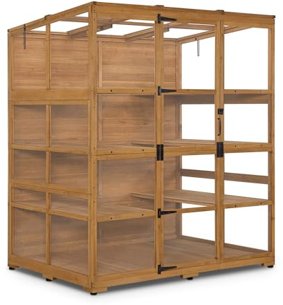 Macrout Wooden Walk-in Greenhouse with Acrylic Panels, Large Greenhouse Outdoor with Openable Roof Vents with Lockable Door, G976