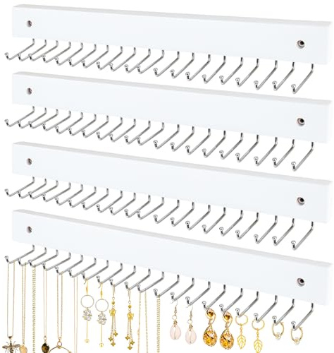 juciasouul 4 Pack Necklace Holder Wall Mount, Hanging Jewelry Organizer with 80 Hooks Total, Space Saving Wooden Necklace Holder for Wall, Necklace Organizer Hanger for Necklaces, Bracelets, Pendant
