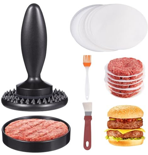 yeeplant Kit de presse à hamburger anti-adhésif avec moule à galette, spatule, pinceau, 100 feuilles, outil à hamburger en alliage d'aluminium, passe au lave-vaisselle